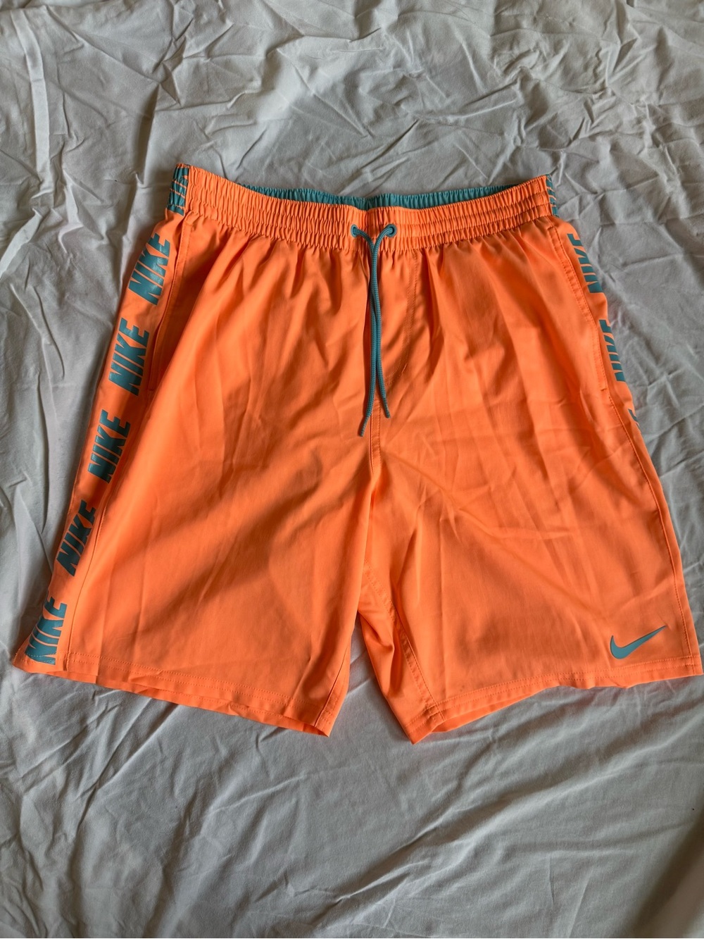 Nike Orange Swim Shorts with Blue Accents, Large